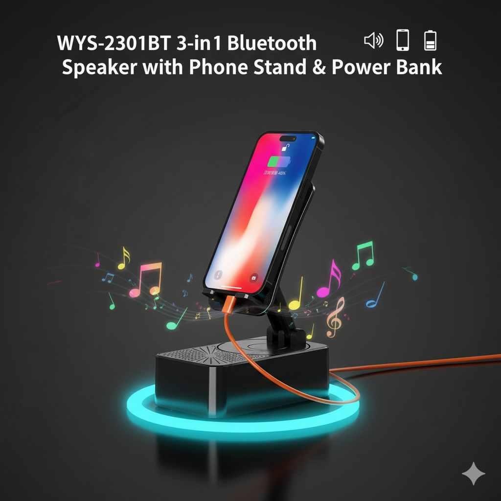3-in-1 Bluetooth Speaker with Phone Stand & Power Bank (WYS-2301BT)