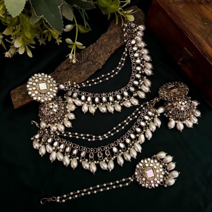 Pakistani Big Stone Earrings & Tikli Set