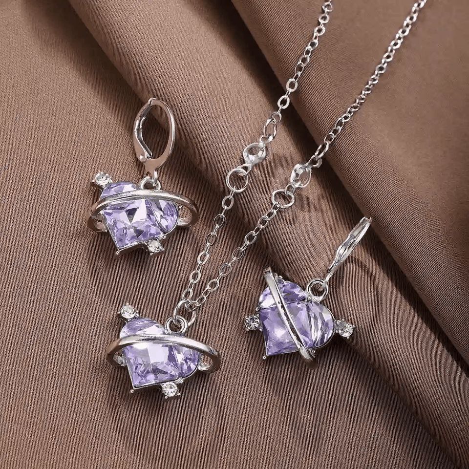 Crystal Angel Wings Heart Pendant Necklace Set