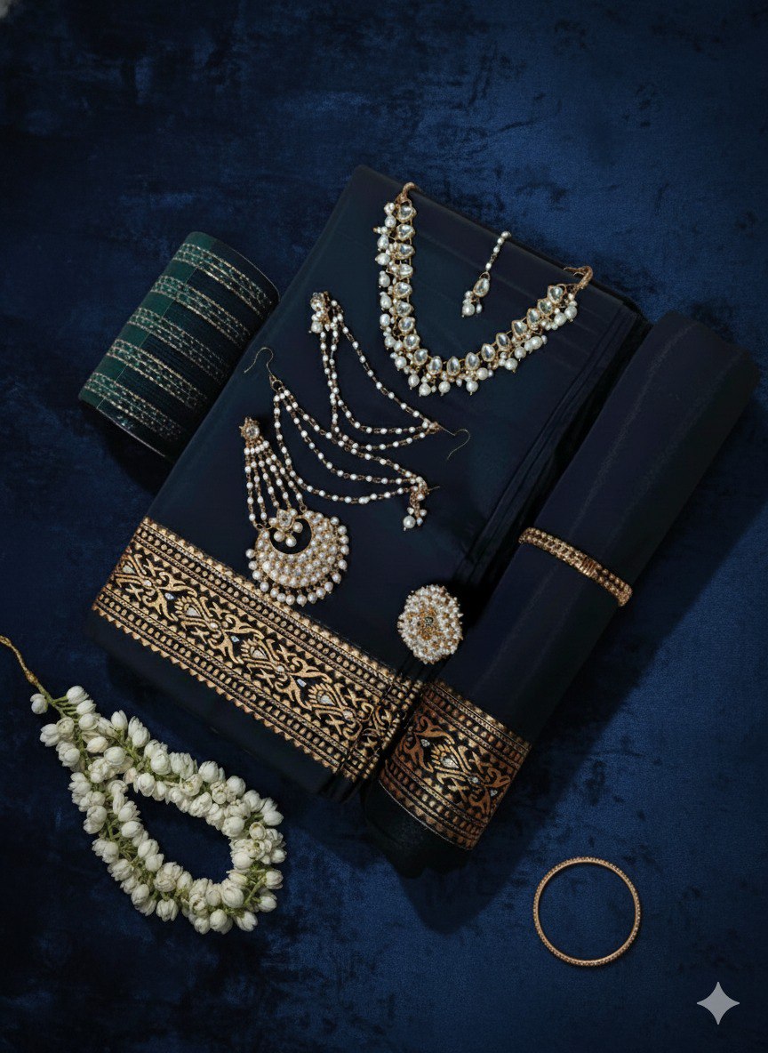 Queen in Black – Premium Saree & Jewelry Combo