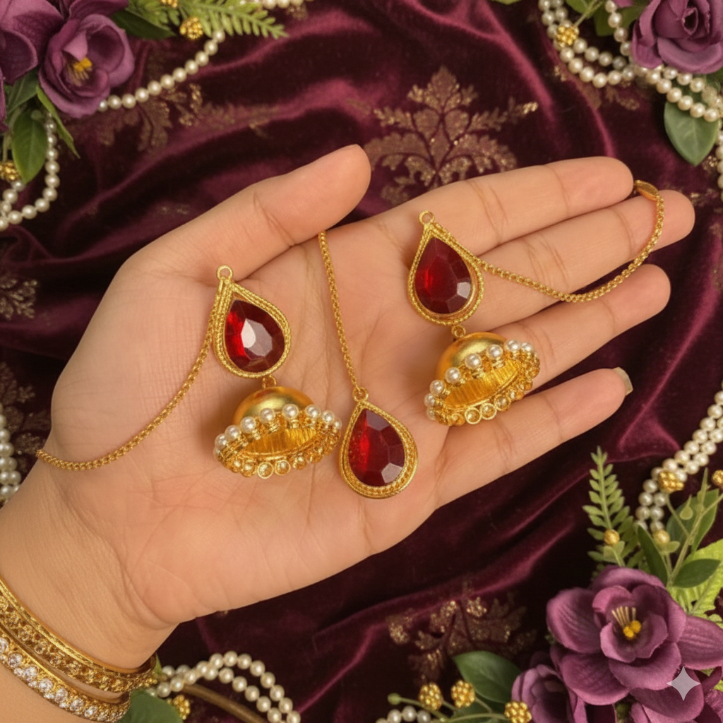 Premium Jhumka with Tikli Set (Red)